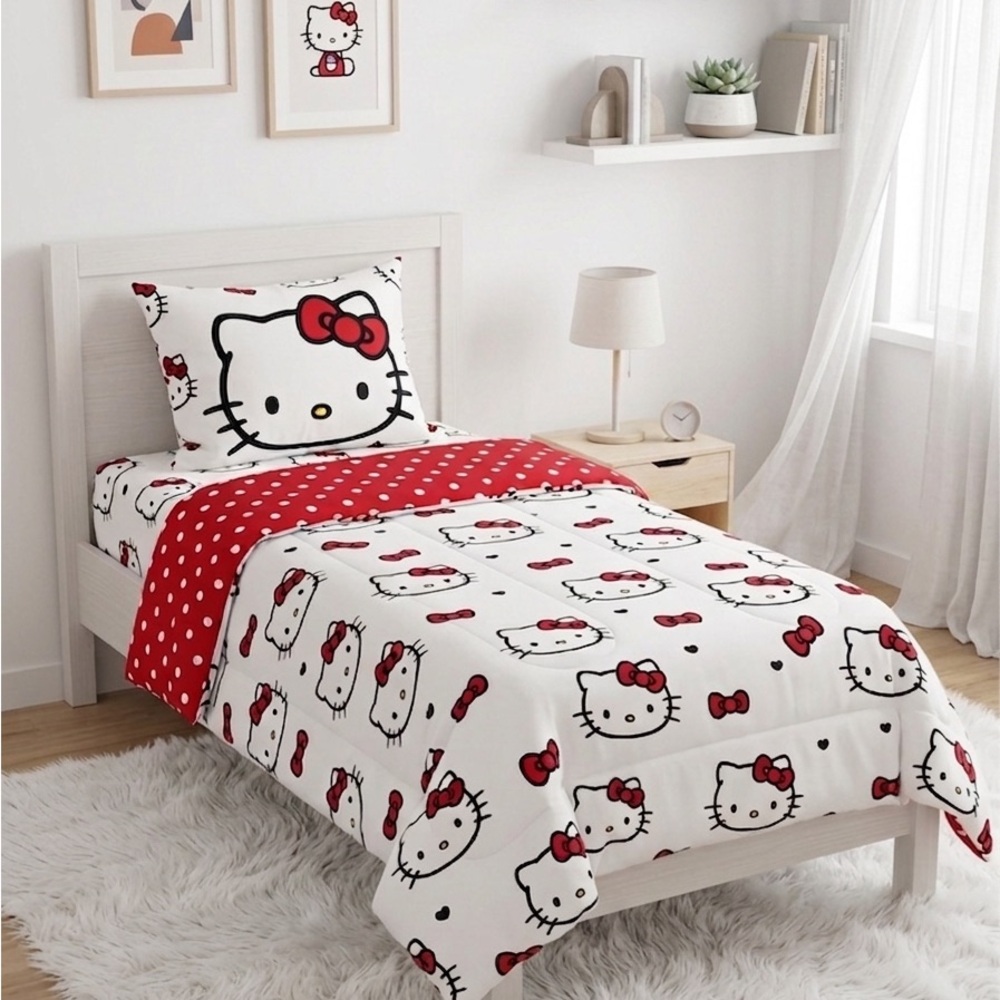 Hello Kitty Twin Reversible Comforter & Pillowcase Set - Red & White Polka Dot
